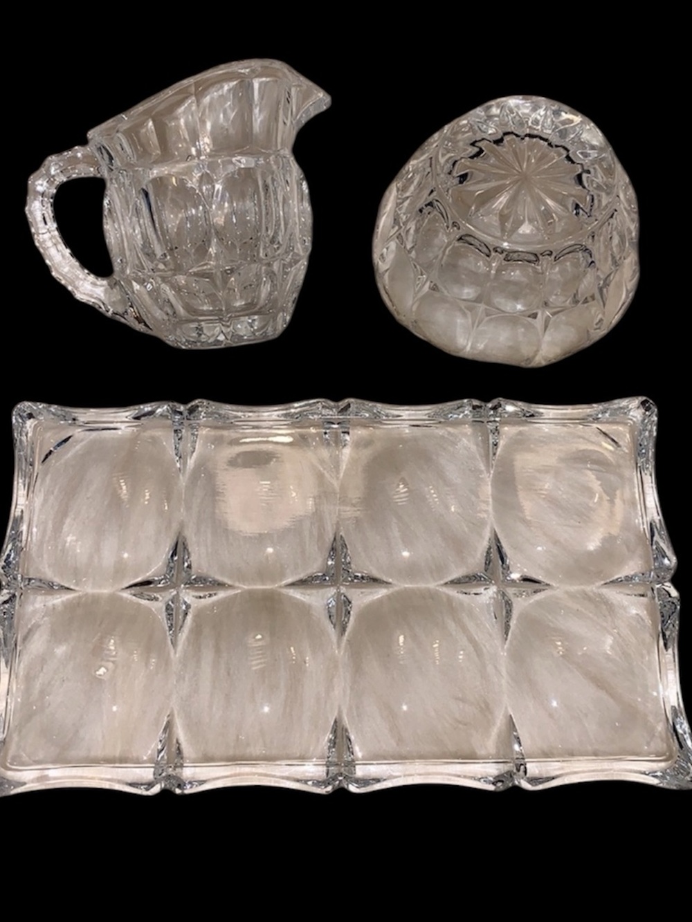 SALE!! Crystal cream and sugar with tray.